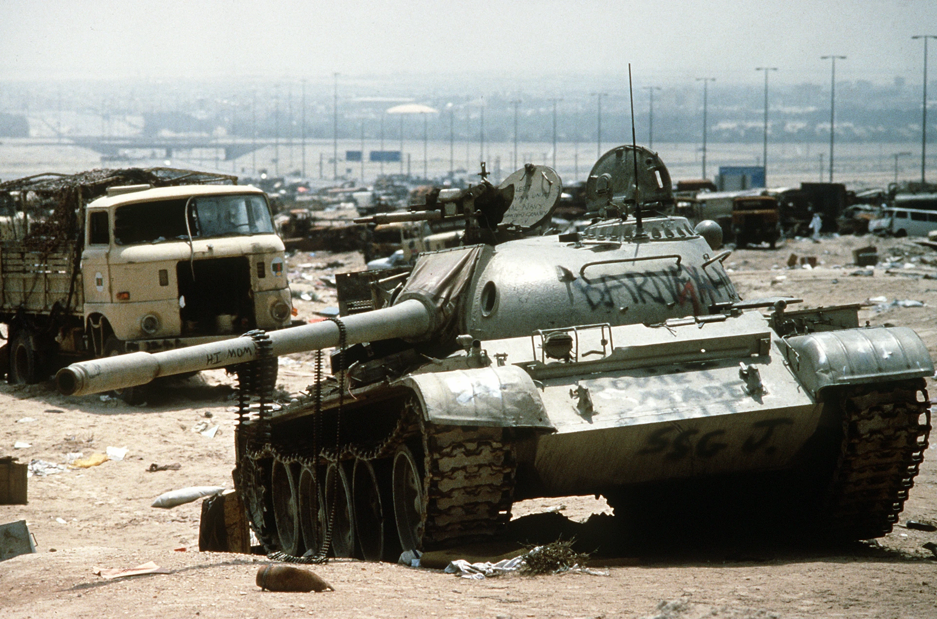 Destroyed Iraqi T-55 on highway between Basra & Kuwait City 1991-04-18 1.JPEG