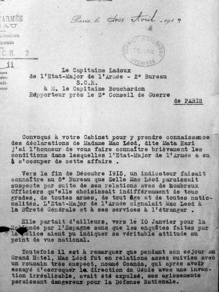 Lettre 2ème Bureau relative à Mata-Hari du 2 avril 1917.jpg